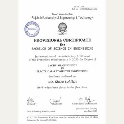 First page of the BSc Provisional Certificate