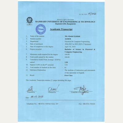 First page of the BSc Transcript