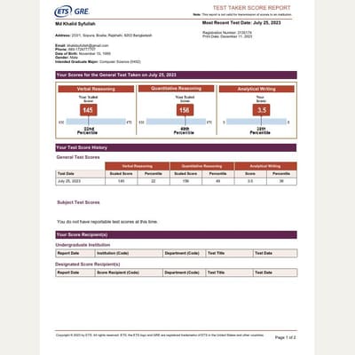 First page of the GRE Score Report