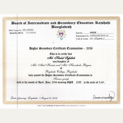 First page of the HSC Certificate