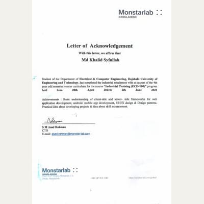First page of the Industrial Attachment MonstarLab