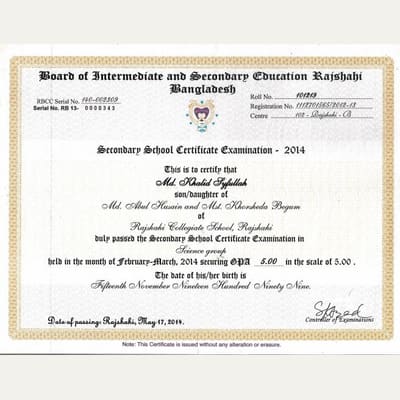 First page of the SSC Certificate