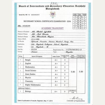 First page of the SSC Transcript